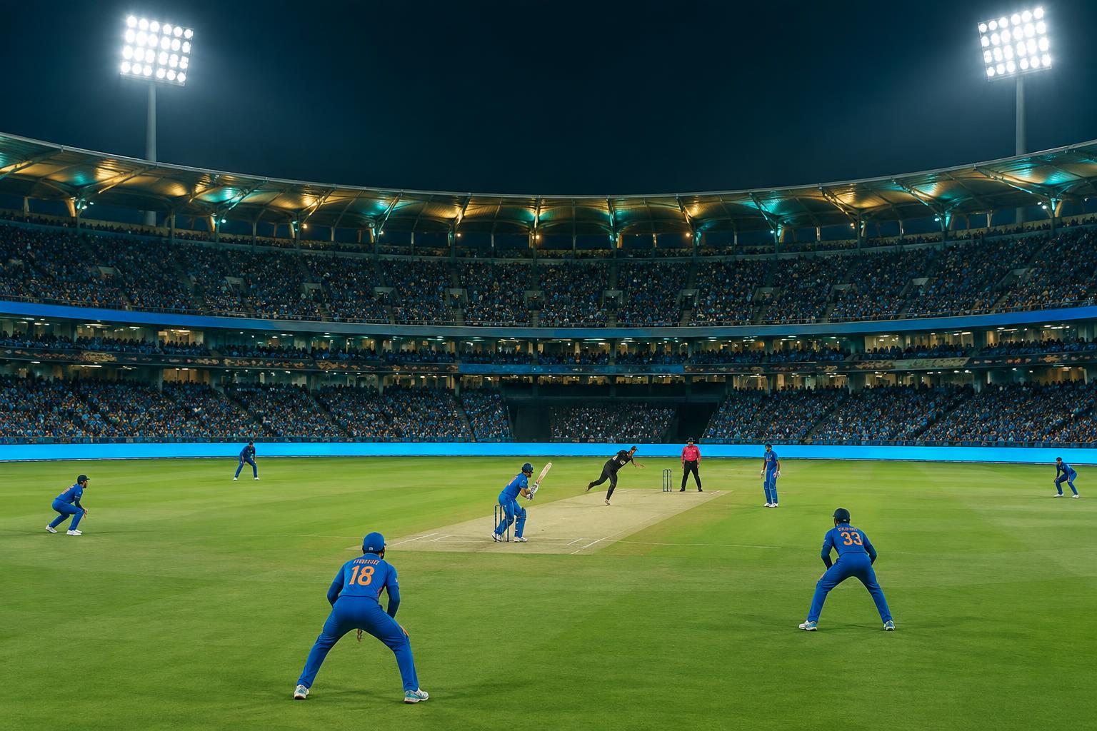 Cricket match underway under the lights in a packed stadium